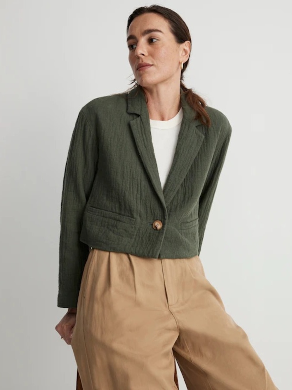 Madewell The Drop-Shoulder Crop Blazer Jacket Cotton-Linen Foraged Green S - Picture 2 of 13